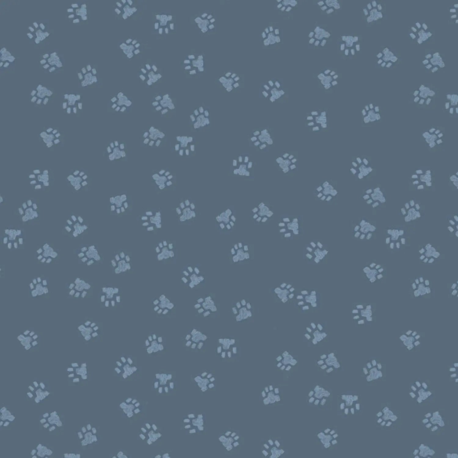 A fabric with a pattern of paw prints on a grey background, intended for quilting and crafting.