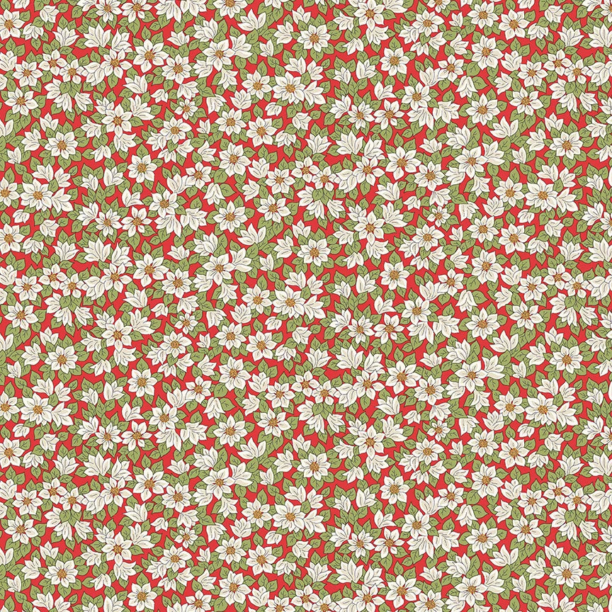 Fabric with white poinsettias on a red background from Liberty Fabrics for Christmas sewing, quilting, and crafting. 