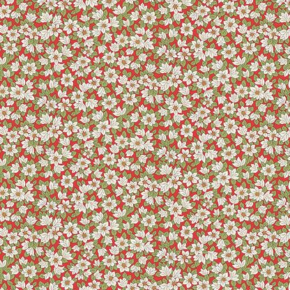 Fabric with white poinsettias on a red background from Liberty Fabrics for Christmas sewing, quilting, and crafting. 
