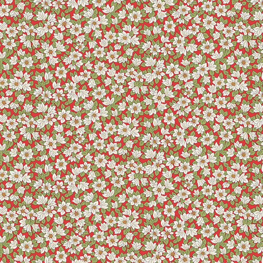 Fabric with white poinsettias on a red background from Liberty Fabrics for Christmas sewing, quilting, and crafting. 