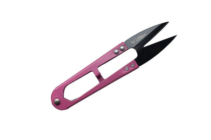 Pink and black thread snips with carbon blades on a white background