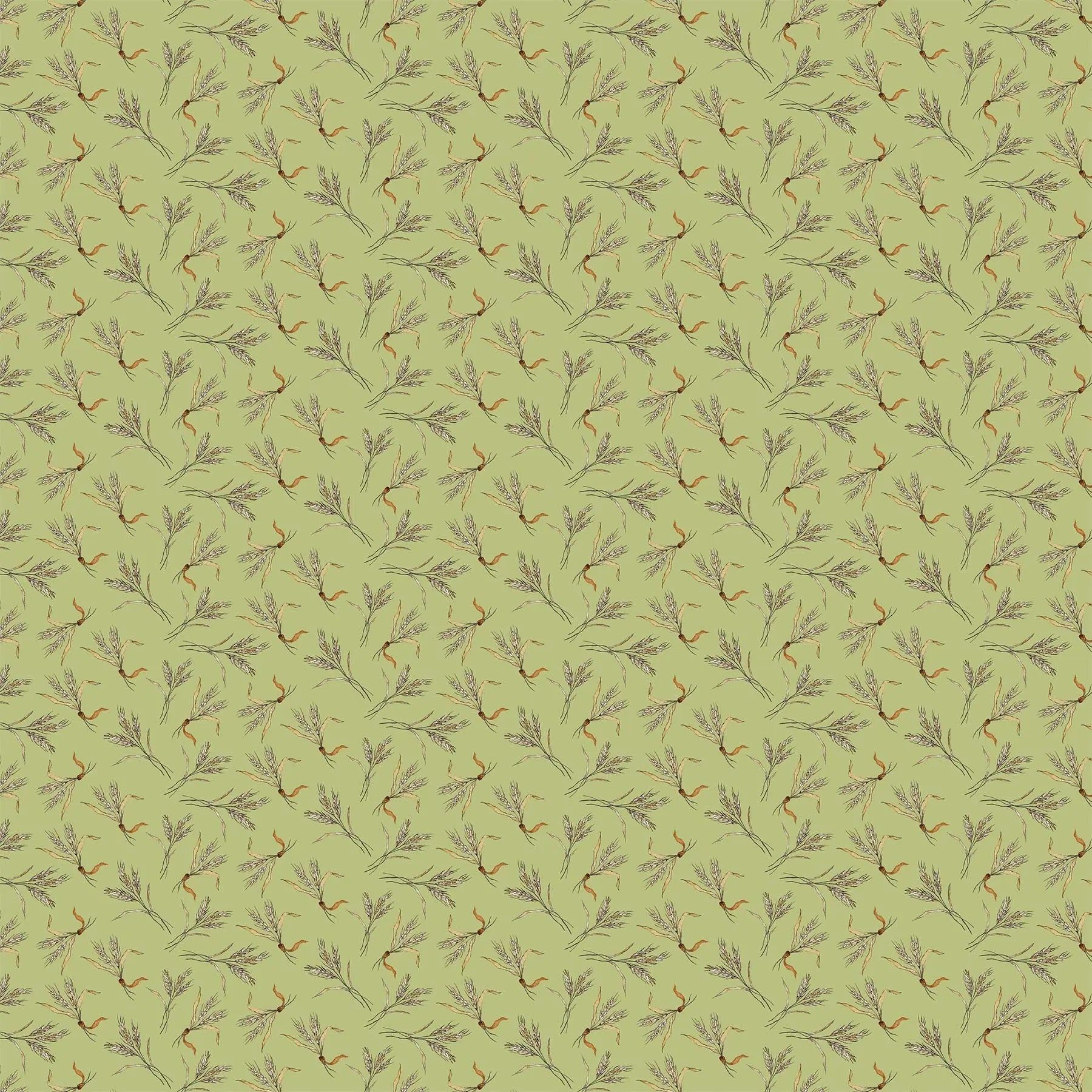 pistachio colored fabric with small wheat illustrations.  typically used for quilting and crafting. from Country Side Comforts from FIGO Fabrics 