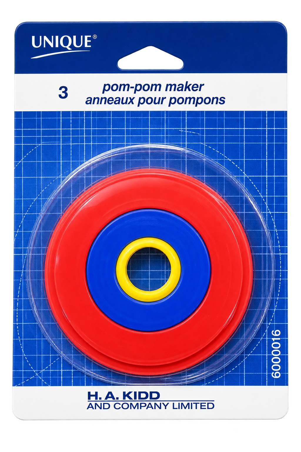 A packaged pom-pom maker set by UNIQUE, containing three concentric rings in red, blue, and yellow plastic, mounted on a blue and white card backing.