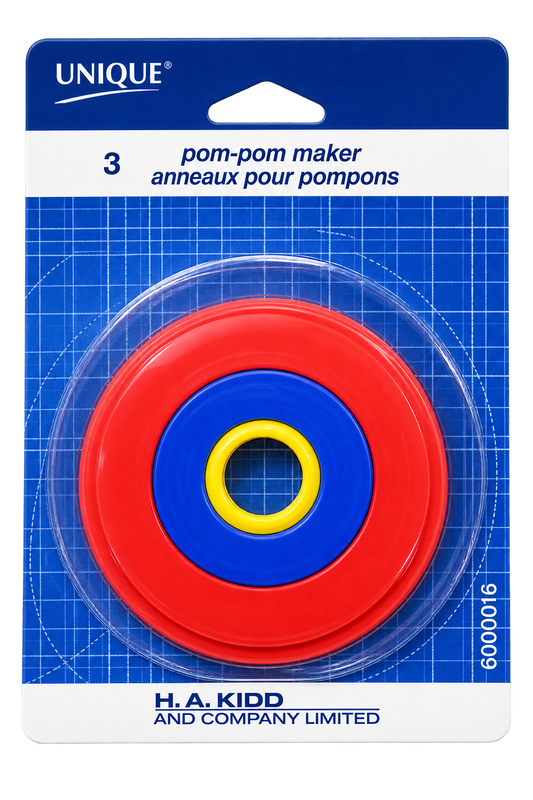 A packaged pom-pom maker set by UNIQUE, containing three concentric rings in red, blue, and yellow plastic, mounted on a blue and white card backing.