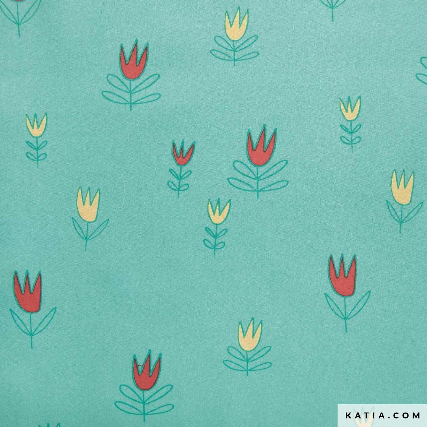 fabric with a teal background and red and yellow tulips