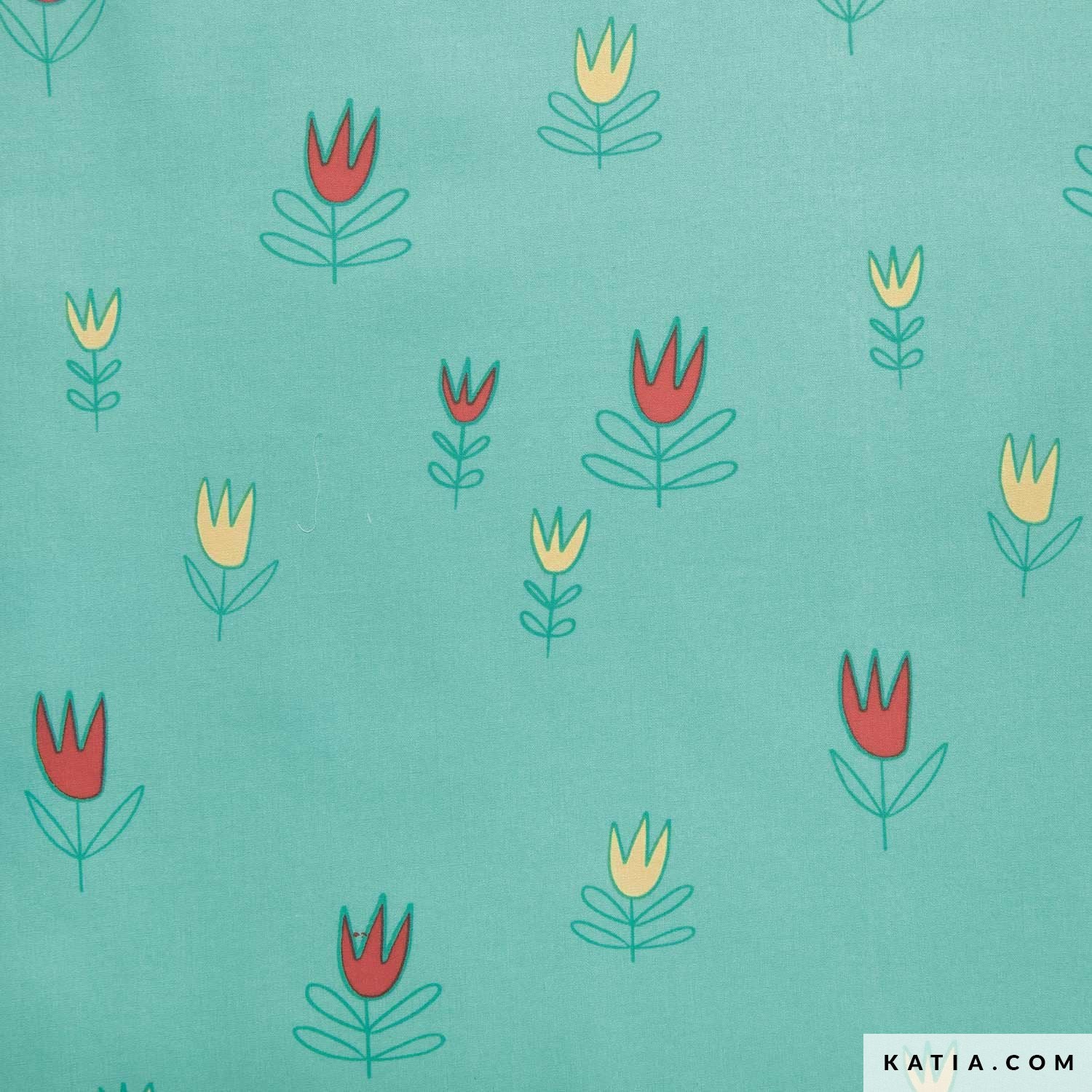 fabric with a teal background and red and yellow tulips