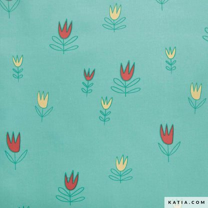 fabric with a teal background and red and yellow tulips