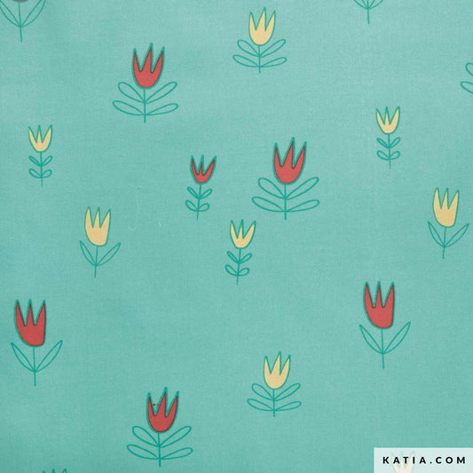 fabric with a teal background and red and yellow tulips