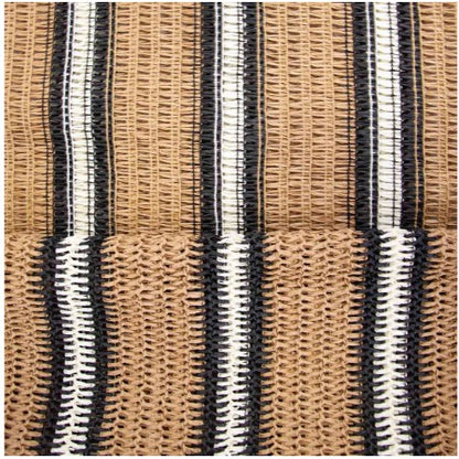 Textured raffia fabric with black, white, and beige stripes for sewing and bagmaking crafts
