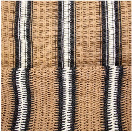 Textured raffia fabric with black, white, and beige stripes for sewing and bagmaking crafts