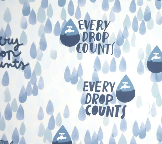 Pattern of water droplets with 'Every Drop Counts' text on a light blue background, raincoat material for sewing fabric