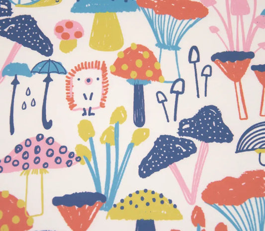Colorful pattern of mushrooms, umbrellas, and a hedgehog on a white background. for making raincoats