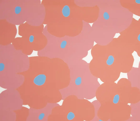 Pattern of red and pink flowers with blue centers on a pink background. raincoat  material fabric for sewing. 