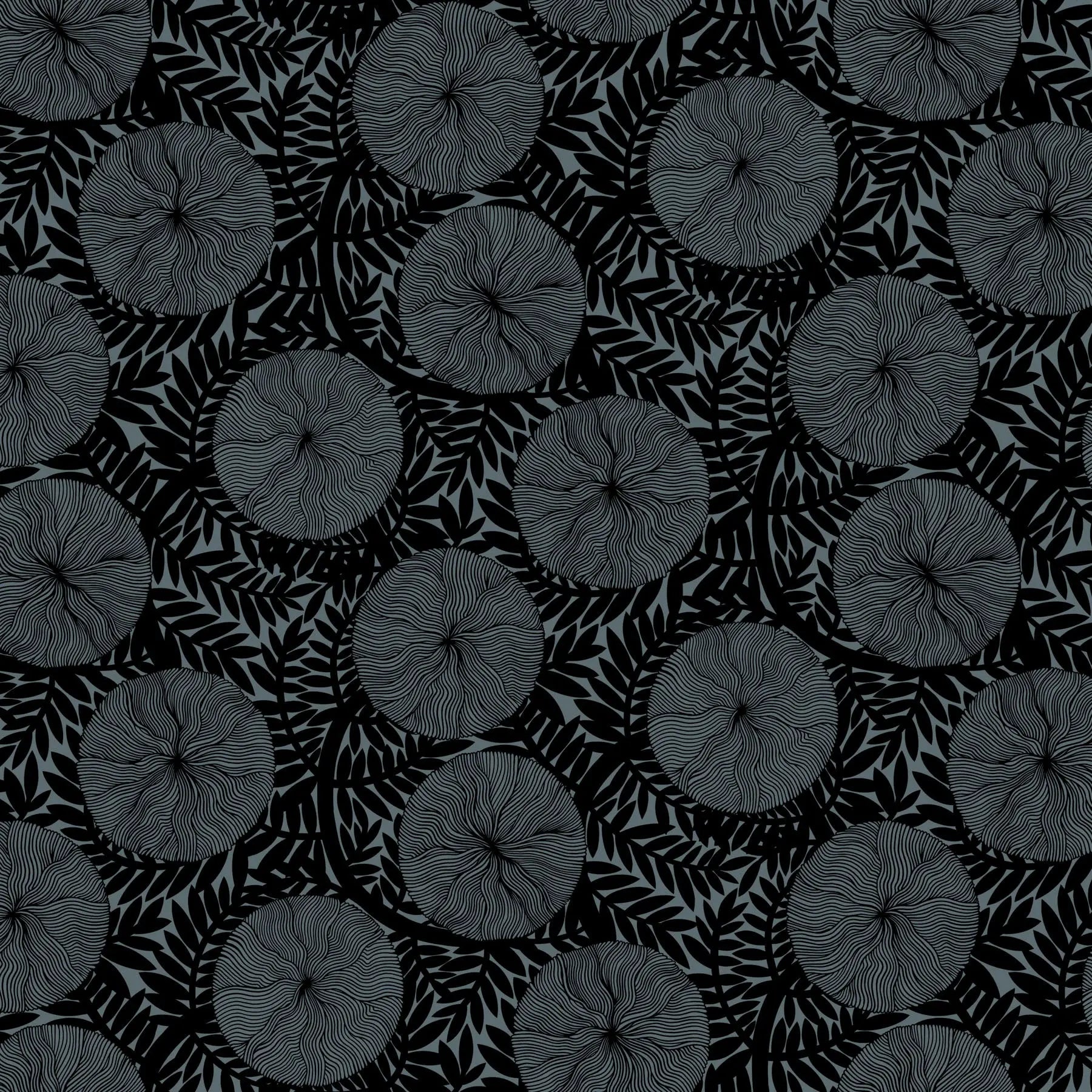 Pattern of black circular shapes and leaf-like lines on a dark background. Rayon fabric material for sewing. 