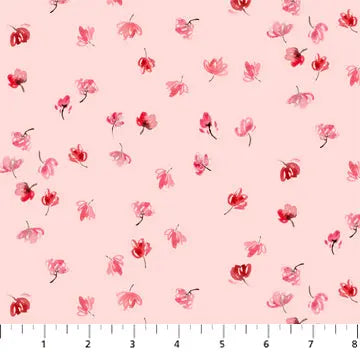 Floral pattern with red flowers on a pink background. 100% cotton quilting material