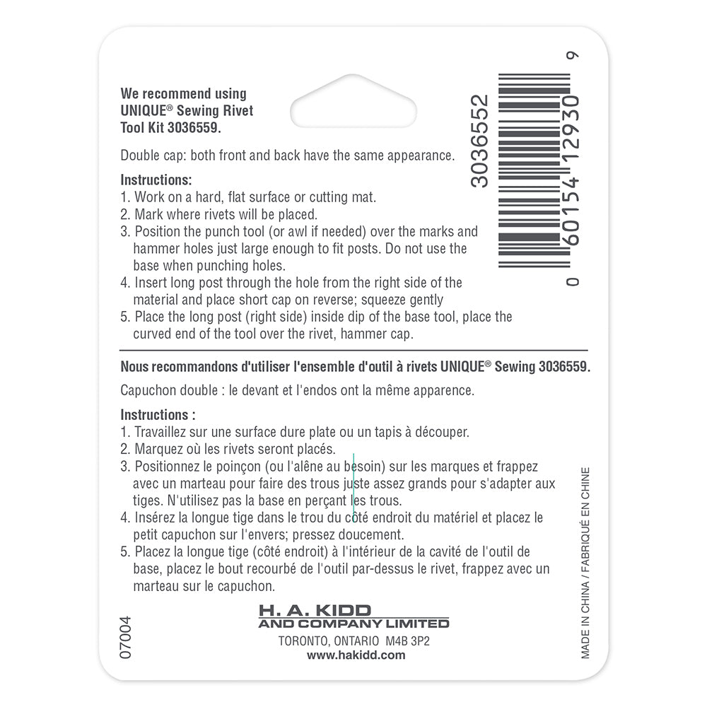 Back of a rivets packaging with text and barcode