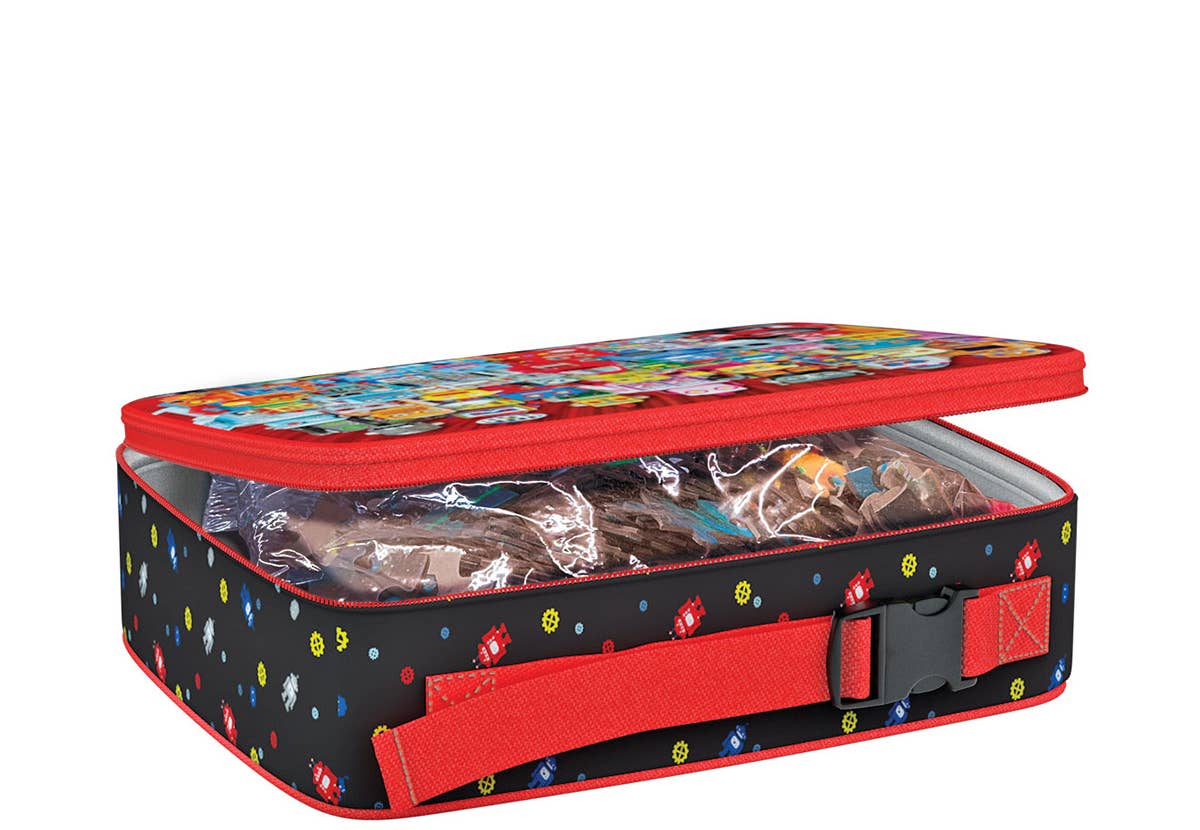 Colorful lunchbox with robot lid and black body featuring red accents on a white background