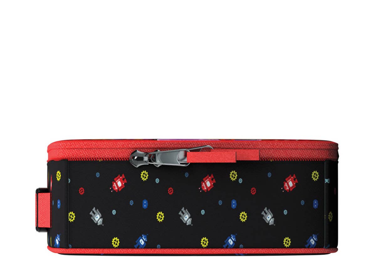 Black suitcase with colorful robot pattern and red zipper on a white background