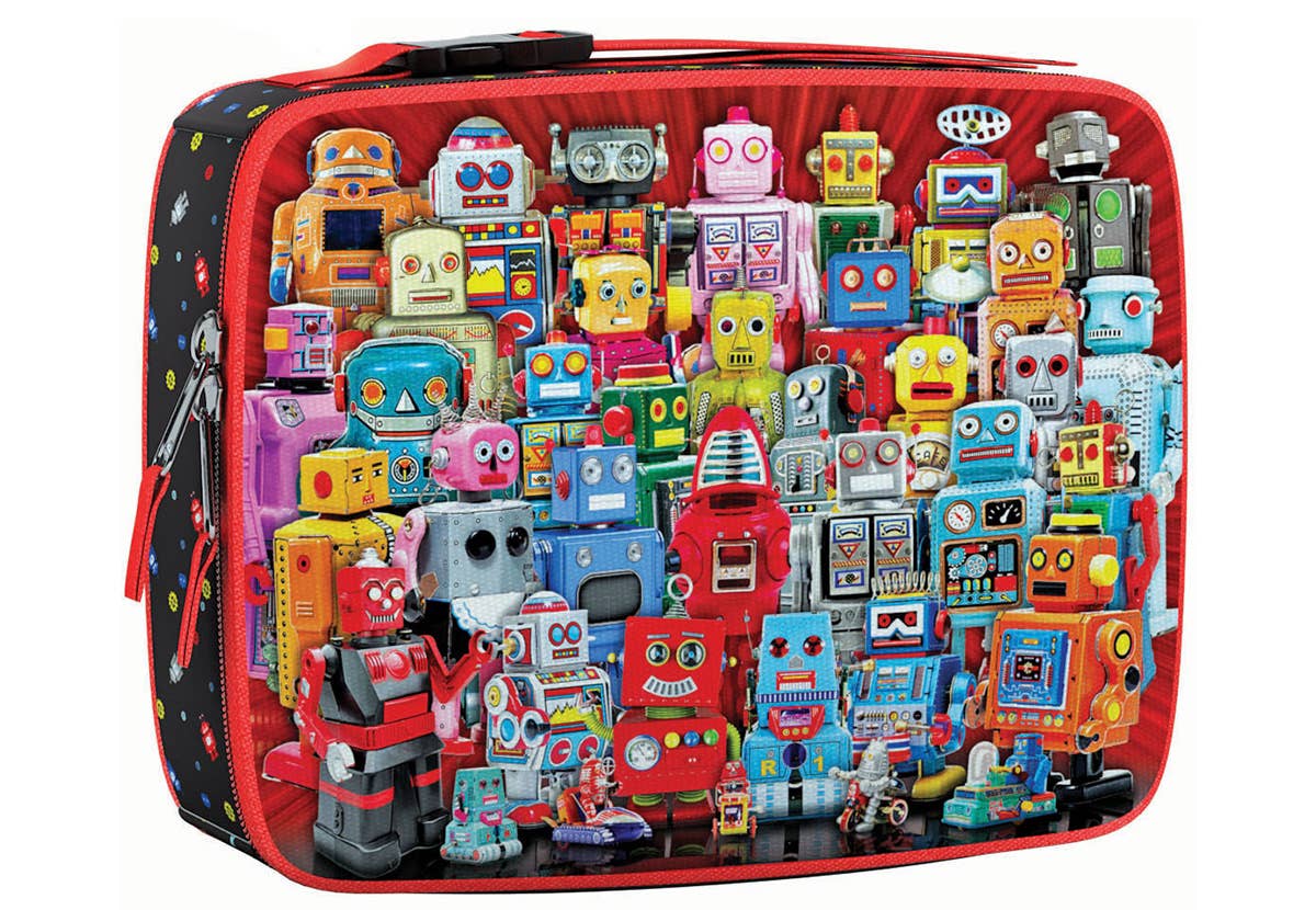 Colorful robot puzzle set inside a red and black bag with a white background