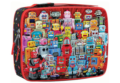 Colorful robot puzzle set inside a red and black bag with a white background