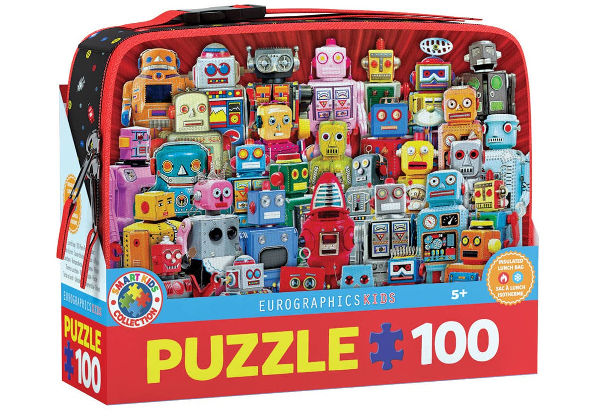 Puzzle box with colorful robot figures on a white background
