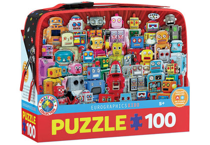 Puzzle box with colorful robot figures on a white background