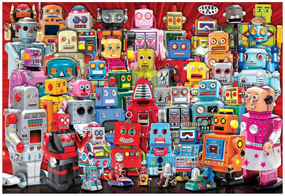 Collection of colorful toy robots on a red background