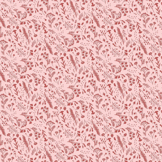 pink colored fabric with flowers and foliage illustrations.  typically used for quilting and crafting. from Eden from FIGO Fabrics 