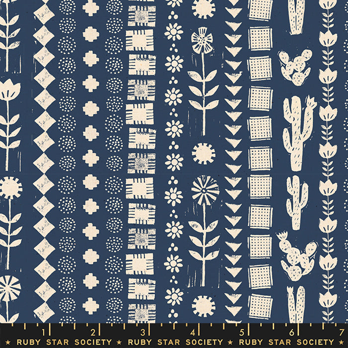 Fabric with a blue background and plant themed white pattern. From Heirloom by Alexia Abegg at Ruby Star Society. 100% cotton for sewing, crafting, and quilting. 