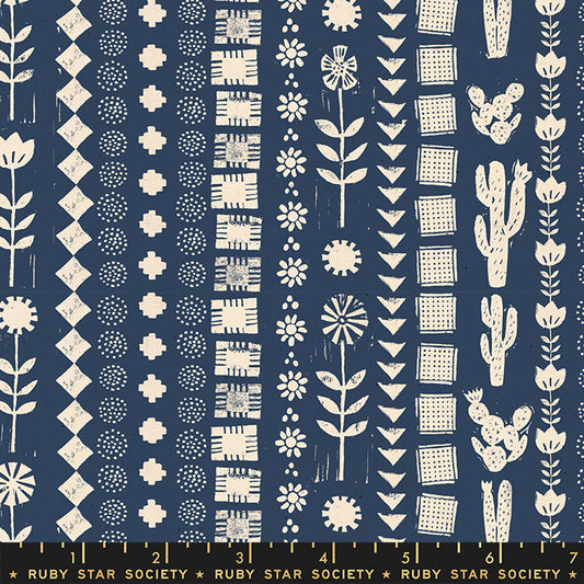 Fabric with a blue background and plant themed white pattern. From Heirloom by Alexia Abegg at Ruby Star Society. 100% cotton for sewing, crafting, and quilting. 