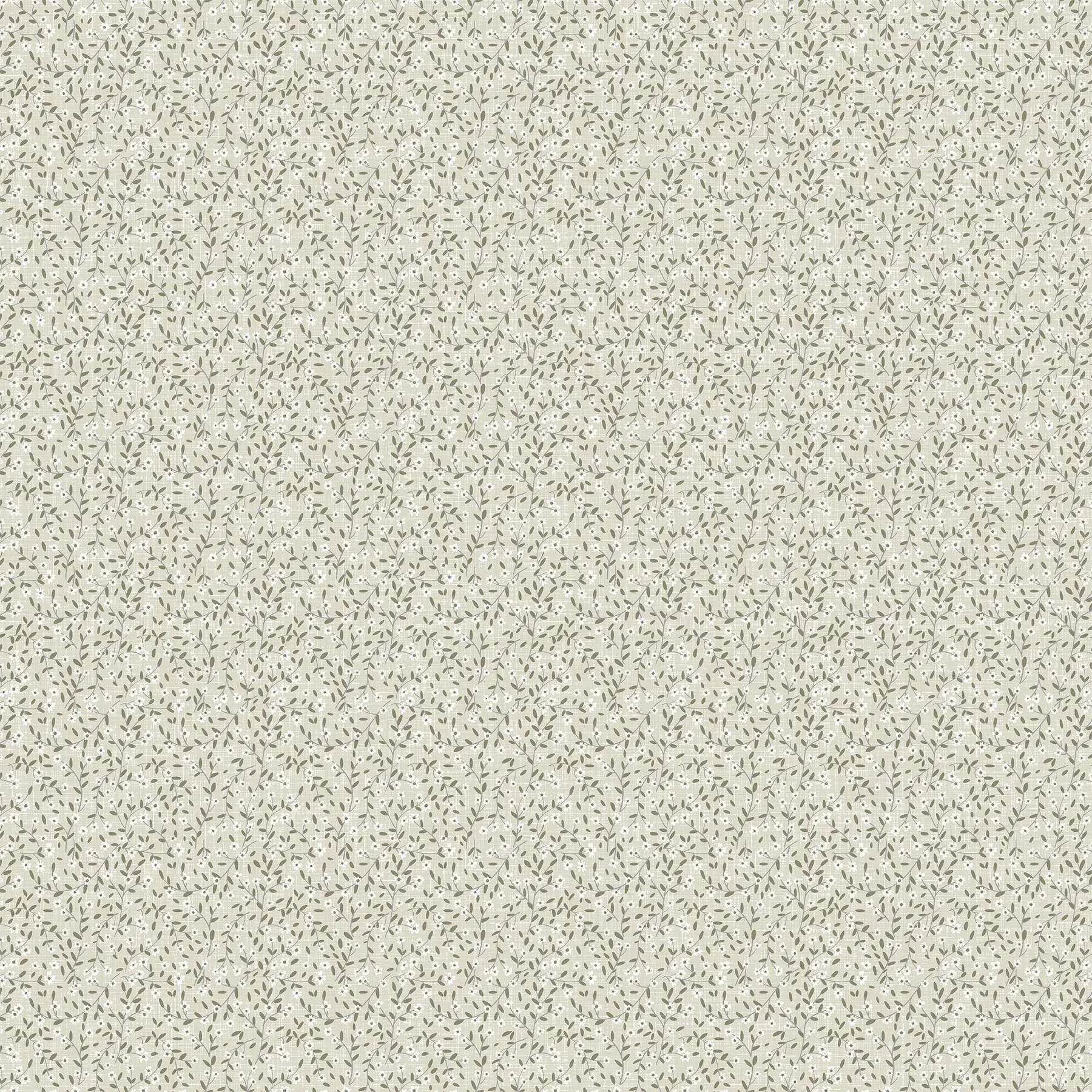 Fabric with a light sage background with ditsy floral illustration design. from Klara FIGO Fabrics fat quarter bundle Bernadett Urbanovics 