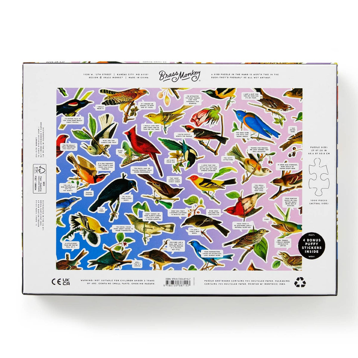Bird-themed puzzle box with colorful illustrations of birds on a white background