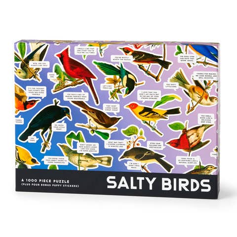 Salty Birds puzzle packaging with colorful birds on a blue and purple background