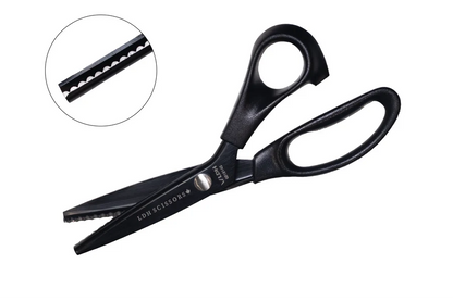 Black pinking shears scissors with a close-up inset of the blade on a white background