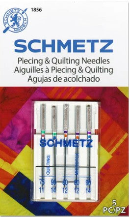 Schmetz piecing and quilting needles packaging with colorful background