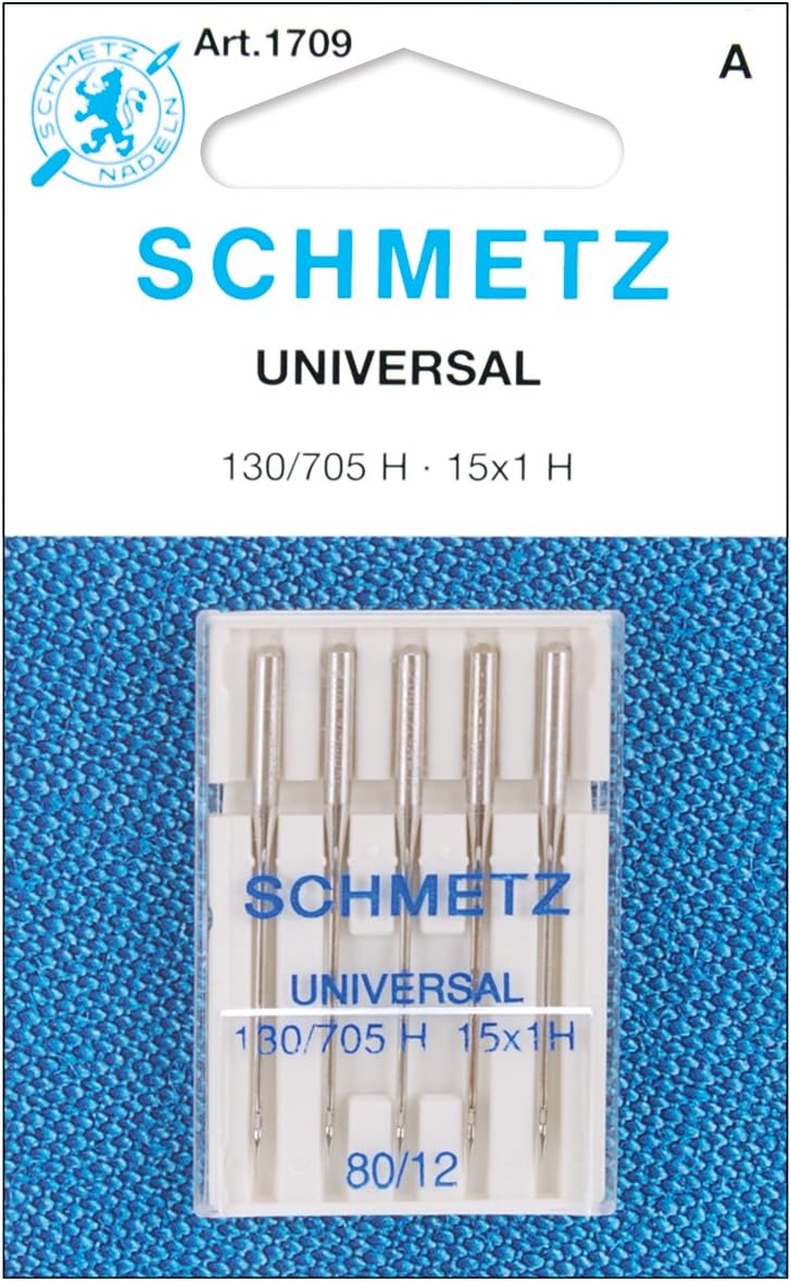 Pack of Schmetz sewing machine universal needles on a blue background