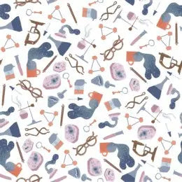 fabric showing science instruments on a white background. Atomic Blueberry from Dear Stella 100% cotton. 