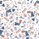 fabric showing science instruments on a white background. Atomic Blueberry from Dear Stella 100% cotton. 