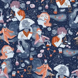 fabric showing scientists on a dark blue background. Atomic Blueberry from Dear Stella 100% cotton. 