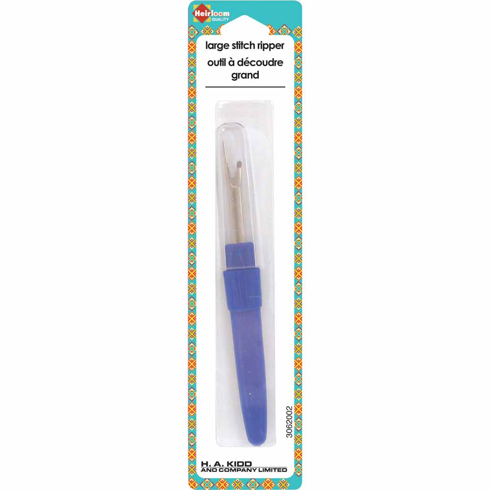 Large stitch ripper with blue handle in packaging on a white background