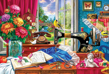 Colorful room with sewing machine, flowers, and decorative items.