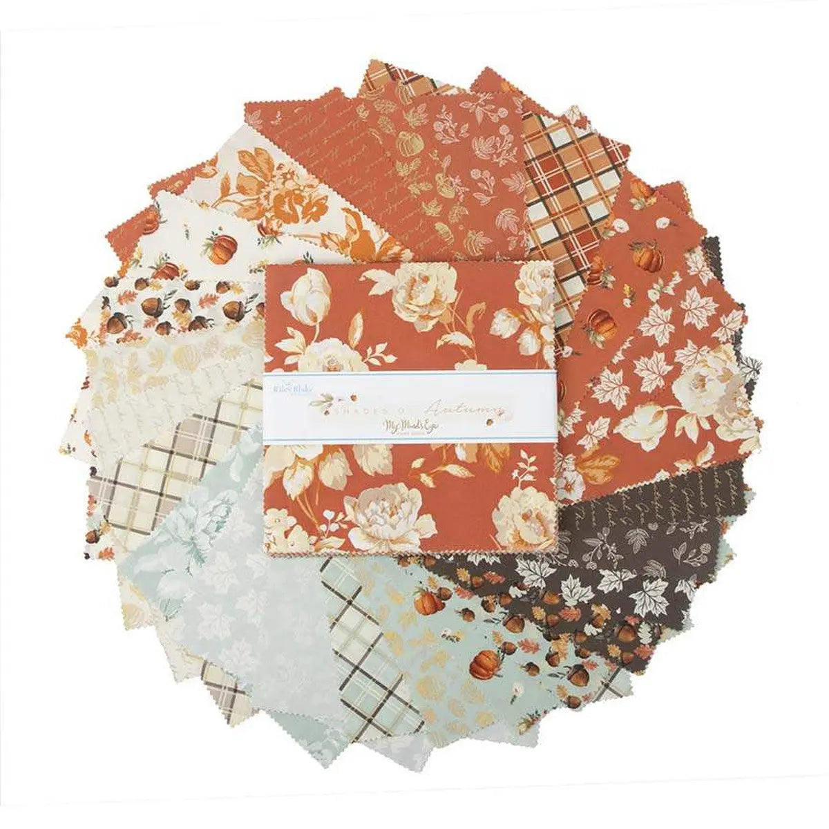 my mind's eye shades of autumn layer cake. bundle of fabrics in oranges creams and browns from riley blake fabrics 100% cotton for quilting and crafting. 