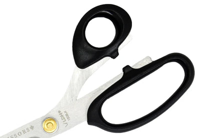 Pair of left handed scissors with black handles on a white background