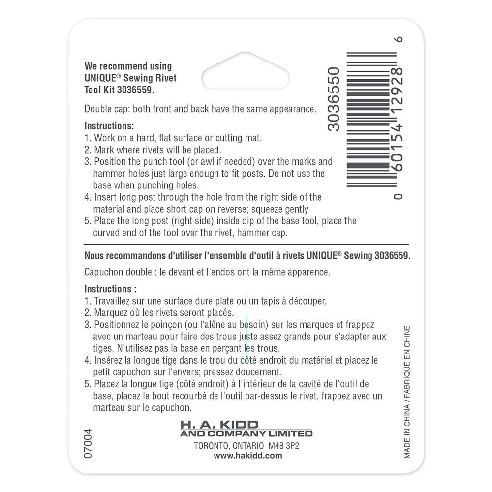 Back of rivets packaging with text and a barcode