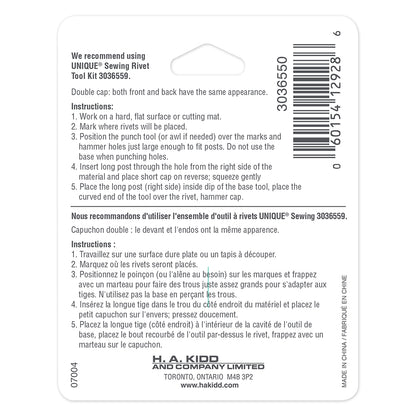 Back of rivets packaging with text and a barcode