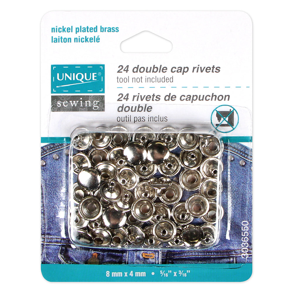 Packaging of nickel-plated brass double cap rivets with brand name 'Unique Sewing'.