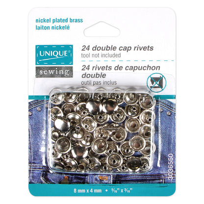 Packaging of nickel-plated brass double cap rivets with brand name 'Unique Sewing'.