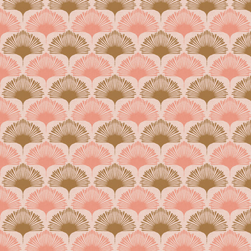 Patterned fabric with pink and gold geometric design from Soar by Katerina Roccella Art Gallery Fabrics premium cotton for sewing and crafting.