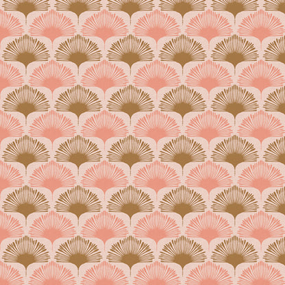 Patterned fabric with pink and gold geometric design from Soar by Katerina Roccella Art Gallery Fabrics premium cotton for sewing and crafting.
