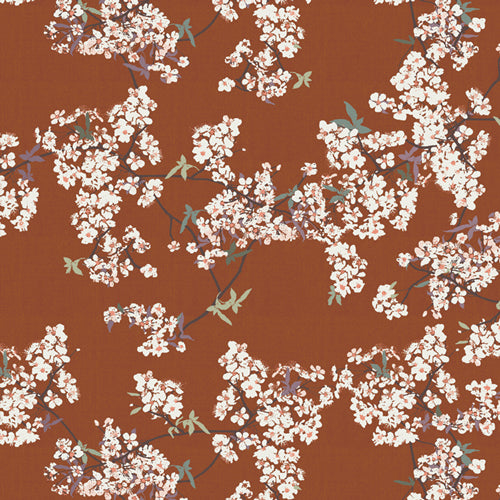 Floral patterned with white flowers on a brown background from Soar by Katerina Roccella Art Gallery Fabrics premium cotton for sewing and crafting.